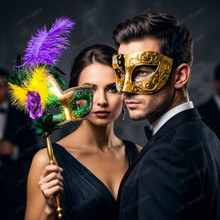 Handheld Mardi Gras Rose Feather Ball Stick Mask & Venetian Black Gold Half Face Mask Couple Masquerade Set