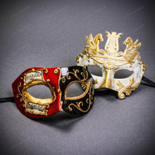 Red Black Venetian Musical Eye Mask & White Gold Pegasus Greek Warrior Masquerade Couple Mask Set