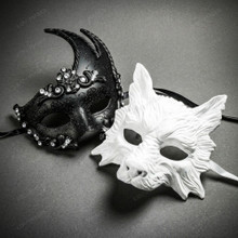 White Wolf Animal Mask & Black Swan Crystal Venetian Mask Couple Masquerade Set