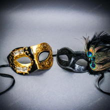 Gold Black Venetian Musical Half Mask & Black Peacock Feather Masquerade Couple Mask Set