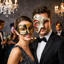 Venetian Gold Black Musical Mask & Red Silver Harlequin Phantom of the Opera Masquerade Couple Mask Set
