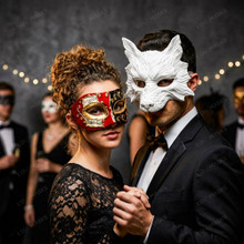 White Wolf Animal Mask & Red Black Venetian Musical Eye Mask Couple Masquerade Set