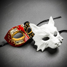 White Wolf Animal Mask & Red Black Venetian Musical Eye Mask Couple Masquerade Set