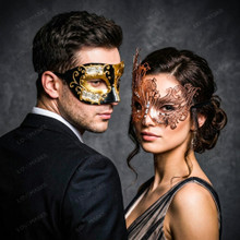 Gold Black Venetian Musical Half Mask & Rose Gold Filigree Butterfly Couple Masquerade Masks