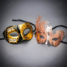 Gold Black Venetian Musical Half Mask & Rose Gold Filigree Butterfly Couple Masquerade Masks
