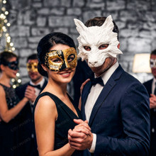 White Wolf Animal Mask & Black Gold Venetian Musical Eye Mask Couple Masquerade Set