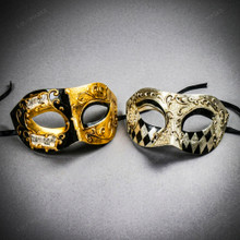 Venetian Gold Black Musical Mask & Silver Black Harlequin Half Face Masquerade Couple Mask Set