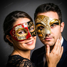 Red Black Venetian Musical Eye Mask & Gold Black Harlequin Phantom of the Opera Mask Couple Masquerade Set