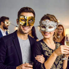 Black Gold Musical Venetian Half Mask & Silver Crystal Lace Eye Mask Couple Masquerade Set