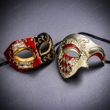Venetian Red Black Musical Mask & Red Silver Harlequin Phantom of the Opera Masquerade Couple Mask Set