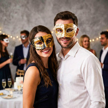 Gold Black & Ivory Venetian Phantom Musical Half Face Masquerade Couple Mask Set