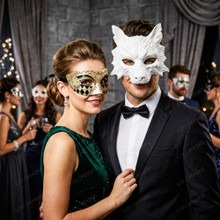 White Wolf Animal Mask & Silver Black Harlequin Venetian Masquerade Couple Mask Set