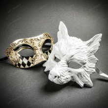 White Wolf Animal Mask & Silver Black Harlequin Venetian Masquerade Couple Mask Set