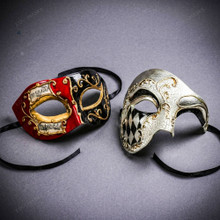 Venetian Red Black Musical Mask & Silver Harlequin Phantom of the Opera Masquerade Couple Mask Set