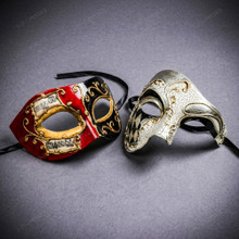 Venetian Red Black Musical Mask & Silver Harlequin Phantom of the Opera Masquerade Couple Mask Set