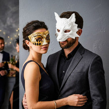 White Wolf Animal Mask & Gold Black Harlequin Venetian Masquerade Couple Mask Set
