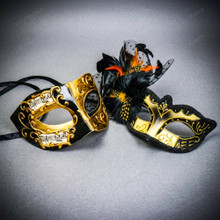Gold Black Musical Venetian Mask & Feather Glitter Eye Mask Couple Masquerade Set