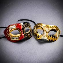 Venetian Red Black Musical Mask & Gold Black Harlequin Half Face Masquerade Couple Mask Set