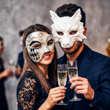 White Wolf Animal Mask & Silver Black Harlequin Phantom of the Opera Masquerade Couple Mask Set