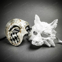 White Wolf Animal Mask & Silver Black Harlequin Phantom of the Opera Masquerade Couple Mask Set