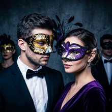 Gold Black Musical Venetian Mask & Purple Black Feather Eye Mask Couple Masquerade Set