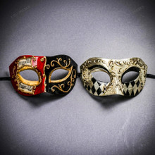 Venetian Red Black Musical Mask & Silver Black Harlequin Half Face Masquerade Couple Mask Set