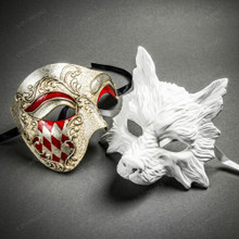 White Wolf Animal Mask & Silver Red Harlequin Phantom of the Opera Masquerade Couple Mask Set