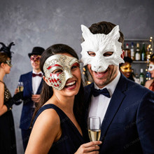 White Wolf Animal Mask & Silver Red Harlequin Phantom of the Opera Masquerade Couple Mask Set