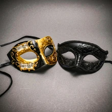 Gold Black Venetian Phantom Musical Half Face & Black Glitter Ball Masquerade Couple Mask Set