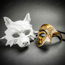 White Wolf Animal Mask & Gold Harlequin Phantom of the Opera Masquerade Couple Mask Set
