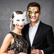 White Wolf Animal Mask & Gold Harlequin Phantom of the Opera Masquerade Couple Mask Set