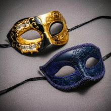 Gold Black Venetian Phantom Musical Half Face & Blue Glitter Ball Masquerade Couple Mask Set