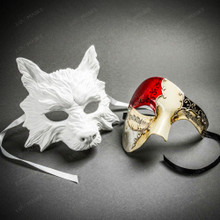 White Wolf Animal Mask & Red White Phantom of the Opera Masquerade Couple Mask Set