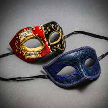 Red Black Venetian Phantom Musical Half Face & Blue Glitter Ball Masquerade Couple Mask Set