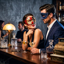 Red Black Venetian Phantom Musical Half Face & Blue Glitter Ball Masquerade Couple Mask Set
