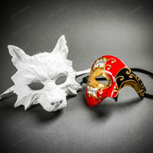 White Wolf Animal Mask & Red Black Phantom of the Opera Masquerade Couple Mask Set