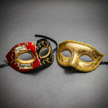 Red Black Venetian Phantom Musical Half Face & Gold Glitter Ball Masquerade Couple Mask Set