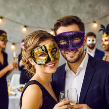 Gold Black Venetian Phantom Musical Half Face & Purple Glitter Ball Masquerade Couple Mask Set