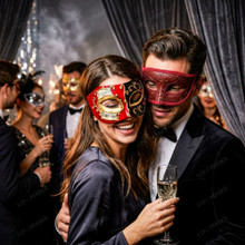 Red Black Venetian Phantom Musical Half Face & Red Glitter Ball Masquerade Couple Mask Set