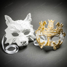 White Wolf Animal Masquerade  White Gold Pegasus Warrior Masquerade Couple Mask Set