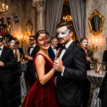 Red Black Venetian Phantom Musical Half Face & Silver Glitter Ball Masquerade Couple Mask Set