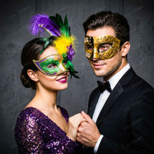 Venetian Purple Green Rose Feather Women Ball Mask & Black Gold Men Half Face Mask Couple Masquerade Set