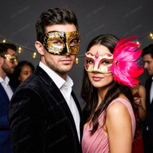 Black Gold Venetian Music Note Half Mask & Pink Side Feather Eye Mask Couple Masquerade Set