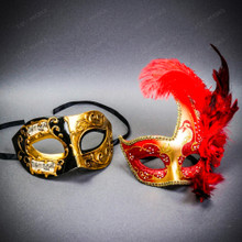 Venetian Gold Red Rose Feather Women Ball Mask & Black Gold Men Half Face Mask Couple Masquerade Set