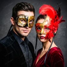 Venetian Gold Red Rose Feather Women Ball Mask & Black Gold Men Half Face Mask Couple Masquerade Set