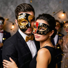 Venetian Music Note Red Black Half Face Mask & Black Gold Phantom of the Opera Mask Couple Masquerade Set