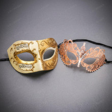Ivory Gold Musical Venetian Mask & Rose Gold Filigree Eye Masquerade Mask Set