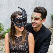 Black Crystal Lunar Venetian Mask & Silver Red Phantom of the Opera Masquerade Couple Mask Set
