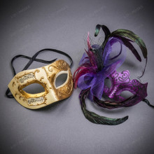Ivory Gold Venetian Phantom Musical Half Face & Purple Lace Feather Masquerade Couple Mask Set