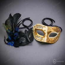 Ivory Gold Venetian Musical Eye Mask & Blue Black Feather Masquerade Couple Mask Set